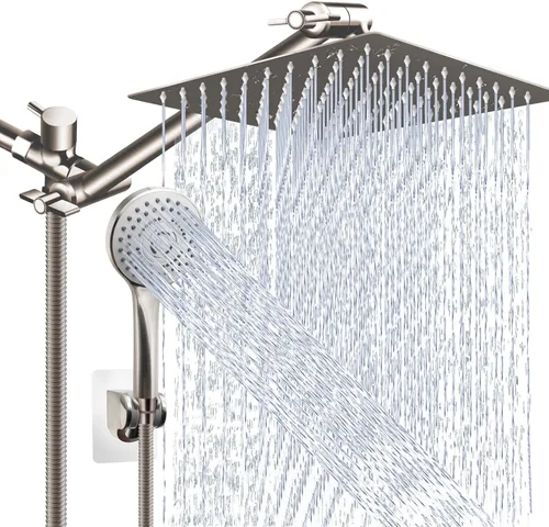 Combo de cabezal de ducha (níquel cepillado), cabezal de ducha de lluvia de alta presión de 10 pulgadas con brazo de extensión ajustable de 11