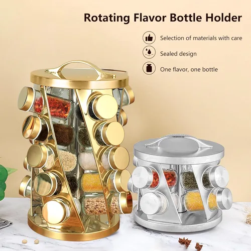 Miniatura 3 de Estante de especias portátil de acero inoxidable con 16 tarros de especias incluidos, organizador giratorio de especias para cocina, estante