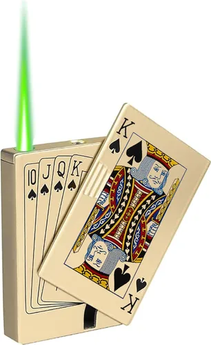 Miniatura 10 de Encendedor de antorcha de chorro, Ace Card Green Flame Lighter, diseño de póker de metal, resistente al viento, recargable, butano, encendedor