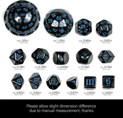 Miniatura 5 de Juego completo de 15 dados poliédricos DND D3-D100 con bolsa de dados de ojo de dragón, dados D100 para juegos de mesa RPG (negro con números azules)
