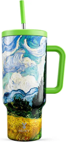 Miniatura 8 de Meoky Vaso de 40 onzas que brilla en la oscuridad con asa y popote, vaso con tapa y pajita, vaso aislado de acero inoxidable para viaje, 100% a