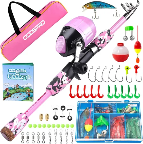 Miniatura 16 de ODDSPRO Caña de pescar para niños, color rosa, kit combinado de caña de pescar telescópica portátil y carrete - con caja de aparejos de pesca