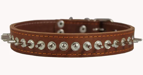 Collar de perro grueso de cuero genuino con pinchos, 1 pulgada de ancho, tamaño marrón para adaptarse a cuello de 17 a 21 pulgadas, 1 ancho Akita,
