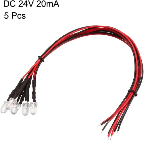 Miniatura 2 de uxcell 5pcs 0.197 in pre cableado LED, blanco DC24V lente transparente, diodos emisores de luz