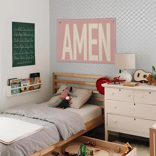 Miniatura 4 de Rosa "AMEN" Arte de Pared 20x30 Pulgadas - Decoración Cristiana Coquette, Colgante para Dormitorio de Niñas, Bandera de Oración de Lino, Letrero