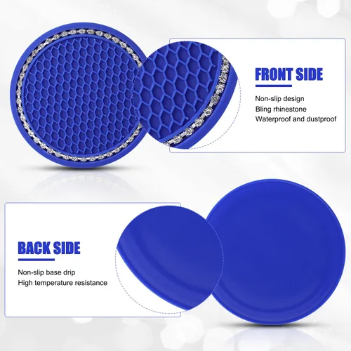 Miniatura 3 de OUZORP Paquete de 2 posavasos azules para automóvil con botón de arranque y anillo brillante, 1 paquete Posavasos antideslizantes para portavasos