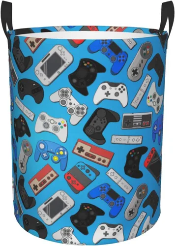 Miniatura 11 de Cesta de Ropa Sucia Redonda con Fondo de Controlador de Videojuegos, Canasta de Almacenamiento de Gadgets Gaming, Organizador de Juguetes y Ropa