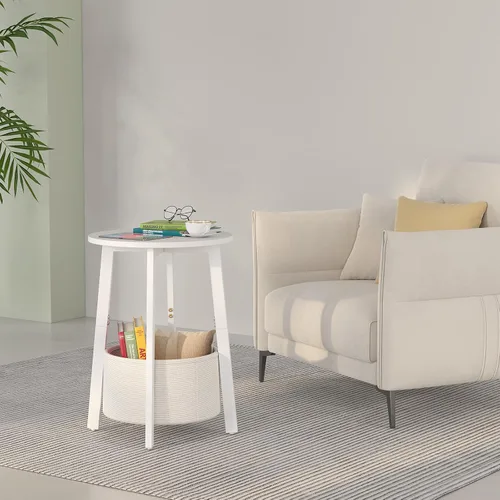 Miniatura 5 de sthmec Mesa auxiliar pequeña redonda con cesta de almacenamiento de tela, mesa de centro redonda con marco de metal para sofás de cama, mesas