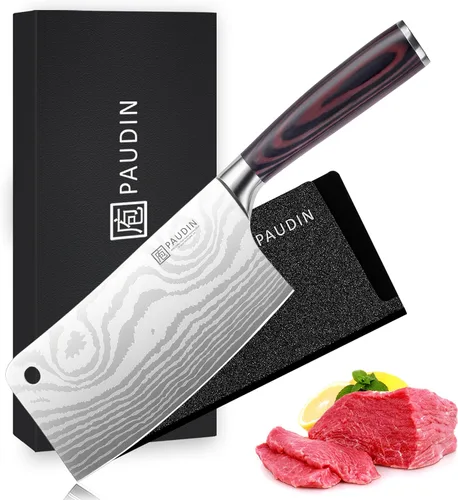 Cuchillo PAUDIN, cuchillo de carnicero ultra afilado de 7 pulgadas, cuchillo de carnicero de acero inoxidable de alto carbono con mango de madera,