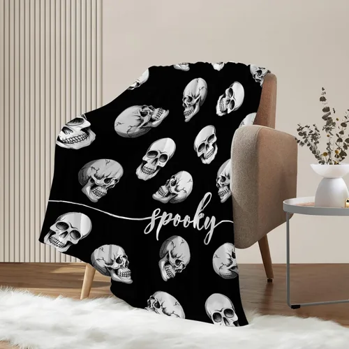 Miniatura 6 de Manta de calavera negra de Halloween, ligera, mullida, de felpa, para bebé, mascotas, niños pequeños, manta decorativa para sofá cama, 30 x 40