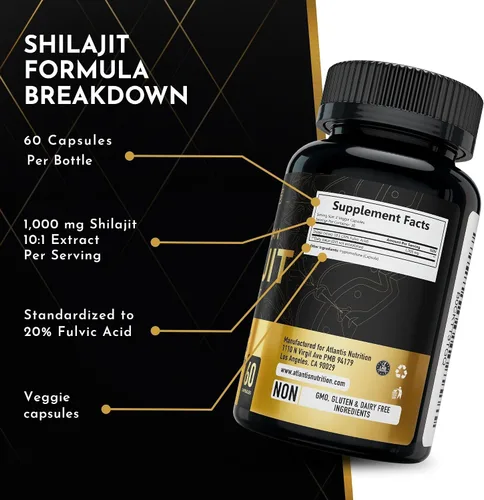 Miniatura 4 de Atlantis Nutrition Cápsulas Shilajit del Himalaya formuladas con 20% de ácido fúlvico 1,000 mg de extracto de shilajit 10:1 por porción