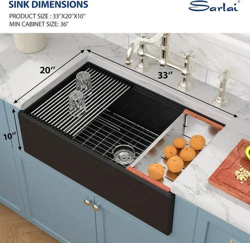 Miniatura 4 de Sarlai Fregadero negro de granja, fregadero de cocina de 33 pulgadas, estación de trabajo, delantal frontal de arcilla refractaria negra mate
