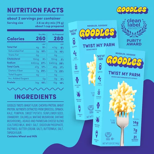 Miniatura 2 de Goodles Twist My Parm Asiago y parmesano con espirales, lleno de nutrientes con queso real, fibra, proteínas, prebióticos, plantas y verduras, sin