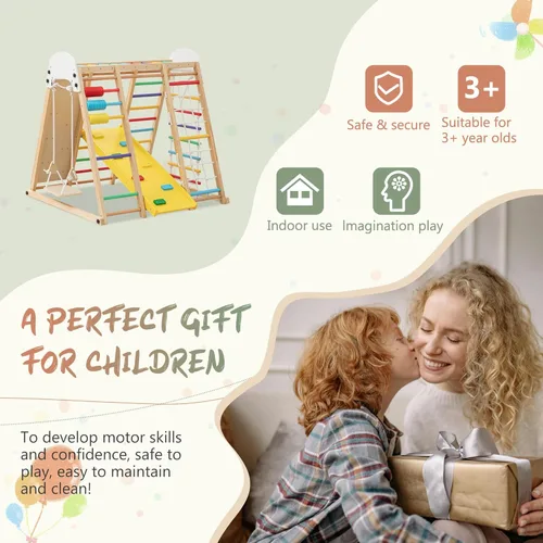 Miniatura 8 de KEIKI 9-in-1 Foldable Wooden Kids Climbing Frame with Slide Swing Monkey Bars Rock Wall Abacus, Indoor Outdoor Playground Set, Montessori Play Gym