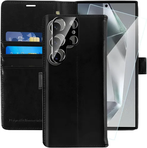 MONASAY Funda tipo cartera para Samsung Galaxy S24 Ultra 5G, protector de lente y pantalla de cristal, bloqueo RFID, funda de piel con tarjetero y