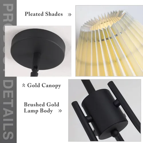 Miniatura 3 de KCO Lighting Lámpara Colgante Plisada Vintage de 3 Luces Araña de Techo con Pantallas de Lámpara Pequeña Araña de Tela Negra y Blanca para Sala