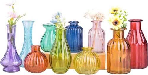 Eleganttime Jarrones para flores, florero de cristal de color a granel, juego de 10 frascos, pequeño jarrón vintage para decoración de boda,