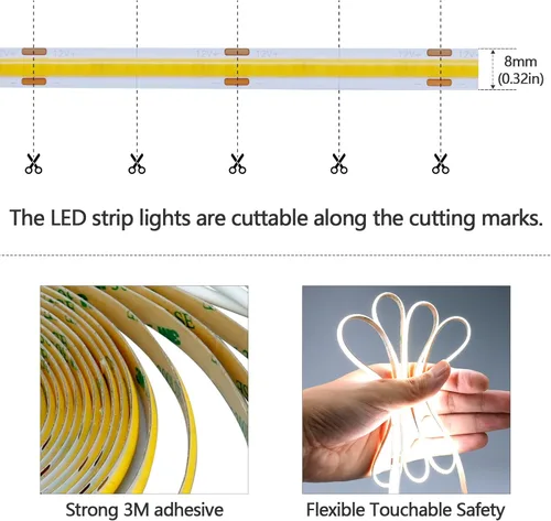 Miniatura 4 de GOMING Tira de luz LED COB con sensor de movimiento 5M (16.4 pies) Blanco frío 6000K 3 modos de iluminación 3 modos de temporización de apagado 3