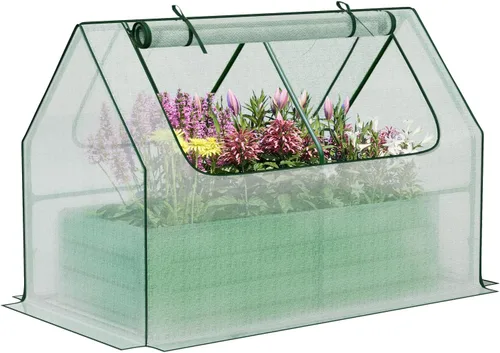 Miniatura 9 de Aoodor Kit de invernadero elevado de 4 pies x 2 pies x 1 pie con cama metálica elevada con 2 puertas enrollables con cremallera, para verduras, Verde