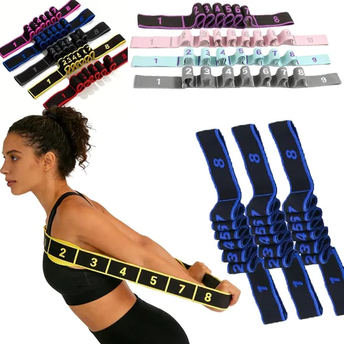 Miniatura 16 de Banda de resistencia de fitness para estiramiento y yoga, banda de resistencia de yoga ajustable de 8 segmentos con asas para brazos, ejercicio