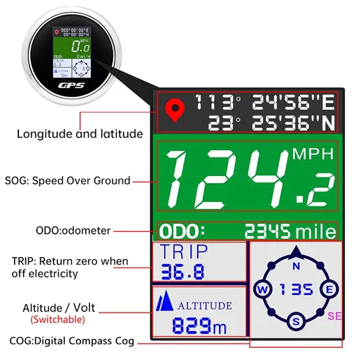 Miniatura 2 de Velómetro GPS MAIMEIMI 85mm 3-3/8" Velómetro GPS digital para embarcaciones impermeable MPH Nudos Km/h Ajustable para automóvil, marino, camión