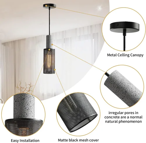 Miniatura 6 de Paquete de 1 lámpara colgante moderna con hormigón y pantalla de metal negro de 4 pulgadas, lámpara colgante industrial, iluminación de techo, isla