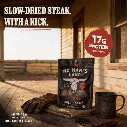 Miniatura 6 de No Man's Land - Carne seca de carne seca de pimiento rojo triturada, filete cortado a mano, secado lento, 0.76 onzas de proteína por porción, 0.00