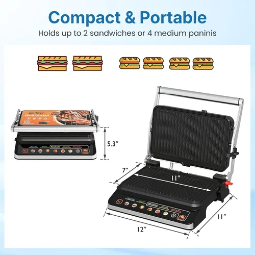Miniatura 6 de Parrilla y plancha para interiores 3 en 1: apertura plana de 180°, menú preestablecido, sandwichera de prensa Panini eléctrica de 1600 W con placas