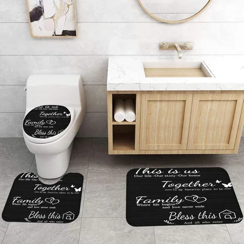 Miniatura 5 de Juego de 4 piezas de cortinas de ducha familiares con alfombras antideslizantes, cubierta para tapa de inodoro y tapete de baño, conjunto negro