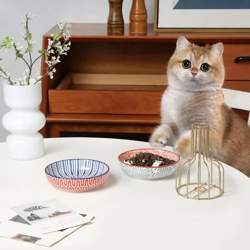 Miniatura 4 de Selamica Juego de 4 cuencos de cerámica para gatos de 5.6 pulgadas de ancho, platos poco profundos para comida y agua, varios
