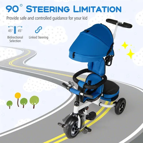 Miniatura 5 de Costzon - Triciclo, 5 en 1 para niños pequeños con mango de empuje plegable, asiento giratorio, rueda EVA, dosel ajustable, canasta de Azul