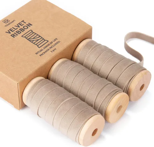 Vitalizart Juego de cintas de terciopelo color camello de 3/8 pulgadas x 15 yardas, carrete de madera, ribete de tela, 3 rollos x 5 yardas para