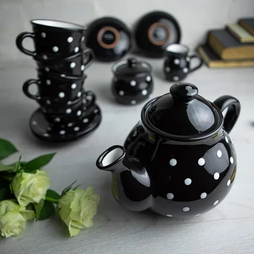 Miniatura 2 de Juego de tetera de cerámica de lunares blancos y negros hechos a mano, tetera grande de 1,7 l/60 onzas, 4-6 tazas, jarra de leche, azucarero, juego