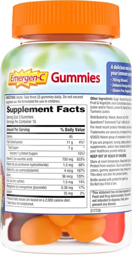 Miniatura 10 de Emergen-C Gomitas de vitamina C de 750 mg para adultos, gomitas de apoyo inmunológico, sin gluten, sabores de fresa, limón y arándanos, 45