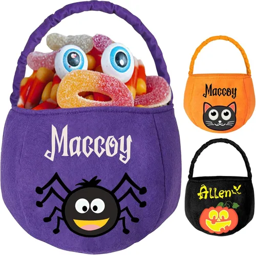 Miniatura 10 de Cubo de Halloween personalizado con nombre personalizado para trucos o tratos, bolsa de dulces personalizada para niños, bolsas de mano grandes