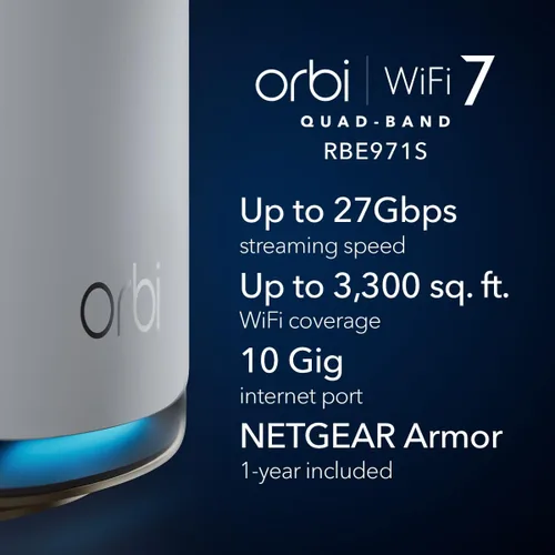 Miniatura 2 de NETGEAR Orbi Serie 970 Router WiFi 7 de cuatro bandas (RBE971S), características de seguridad, cubre 3,300 pies cuadrados, 200 dispositivos, puerto