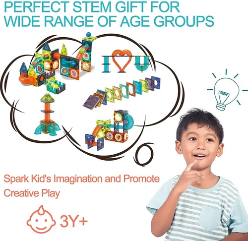Miniatura 5 de UNIQUE KIDS Bloques de construcción de azulejos magnéticos con carrera de mármol iluminada y bola LED, juguetes STEM STEAM para niños de 3 a 10 años