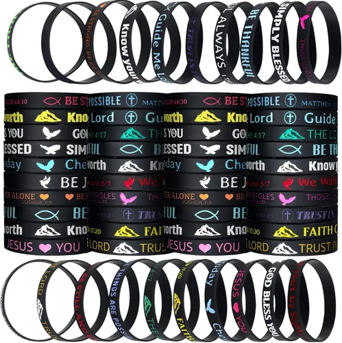 Miniatura 9 de Skylety 60 pulseras de oración con versículo bíblico de Dios, pulsera de goma motivacional de escritura cristiana, pulseras de silicona inspiradoras