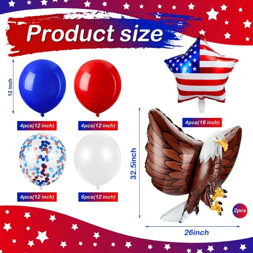 Miniatura 2 de 24 globos patrióticos de águila con el número 250 aniversario, globos rojos, blancos y azules, decoraciones de fiesta del 4 de julio, globos grandes