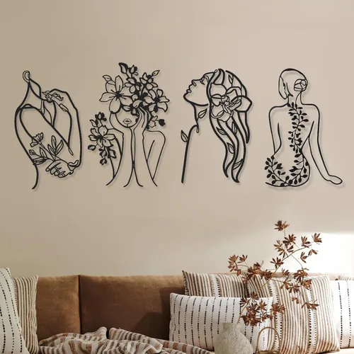 Photect 4 piezas de arte de pared de metal para decoración de pared de una sola línea, dibujo minimalista abstracto para mujer, esculturas de pared