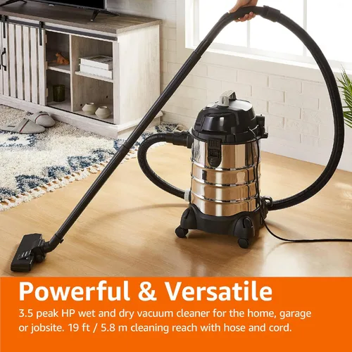 Miniatura 9 de Amazon Basics Aspiradora Húmeda/Seca, 4 galones, 3 HP, Acero Inoxidable, Gris/Negro