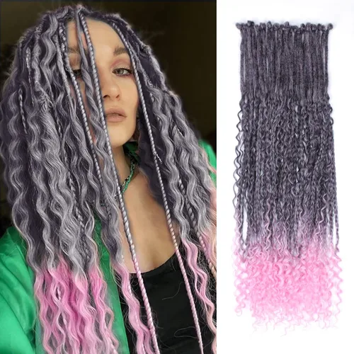 Miniatura 57 de Extensiones de rastas trenzadas bohemias de 24 pulgadas, 10 hebras de rastas sintéticas rizadas color marrón degradado con trenza de caja, rastas