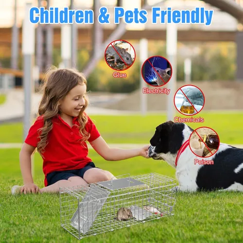 Miniatura 2 de Paquete de 2 trampas para animales humanos, trampa de jaula viva de 24 pulgadas para gatos y roedores, jaula de acero galvanizado plegable