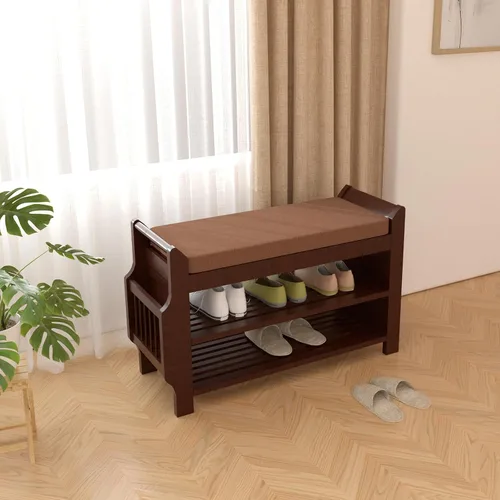 Miniatura 4 de NURTUDIS Banco de zapatos, taburete de bambú para almacenamiento de zapatos con cojín extraíble, estante organizador de almacenamiento de zapatos