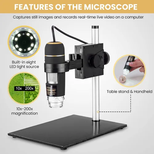 Miniatura 2 de Amscope UTP200X003MP Microscopio USB digital de 2 MP, aumento 10X-200X, fuente de luz LED incorporada, soporte de mesa, incluye CD de software, negro