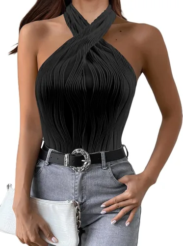 Miniatura 3 de SOFIA'S CHOICE Camiseta sin mangas sexy con cuello halter para mujer, con textura cruzada