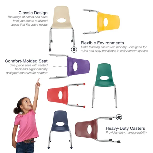 Miniatura 3 de FDP - Silla escolar móvil de 18 pulgadas con ruedas para niños, adolescentes y adultos, asiento ergonómico para aprendizaje en casa, aula u oficina