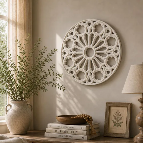 Miniatura 12 de XIAOAIKA Escultura de pared de madera tallada bohemia, intrincado diseño floral de mandala con acabado marrón envejecido, panel de arte de pared