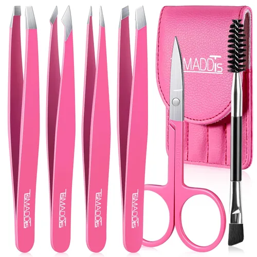 Miniatura 10 de TsMADDTs Juego de pinzas y tijeras curvas, pinzas profesionales de acero inoxidable para mujeres y hombres, paquete de 6 pinzas de precisión