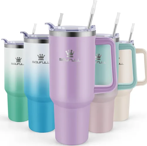 Miniatura 13 de Vaso de 40 onzas con asa y tapa con popote, taza de café de viaje 100% a prueba de fugas, taza aislada de acero inoxidable para bebidas frías